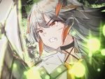  1girl arknights bangs black_choker choker clenched_teeth commentary criss-cross_halter eyebrows_visible_through_hair fang hair_between_eyes halterneck highres horns huge_filesize long_hair orange_eyes saria_(arknights) shield shirt silver_hair solo teeth upper_body white_shirt xiaohuanjie 