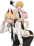  1boy 1girl ariga_ten10 axe black_neckwear black_pants black_ribbon blonde_hair business_suit chainsaw_man collared_shirt demon_girl demon_horns denji_(chainsaw_man) eyewear_on_head fangs formal glasses hair_between_eyes highres holding holding_weapon horns leaning_forward long_hair long_sleeves looking_to_the_side medium_hair necktie one_eye_closed open_mouth pants ponytail power_(chainsaw_man) red_eyes red_horns ribbon sharp_teeth shirt short_hair simple_background sleeves_rolled_up suit teeth weapon white_background white_shirt 
