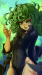  1girl big_hair black_dress breasts covered_navel curly_hair dress eyelashes fang flipped_hair floating_clothes green_eyes green_hair highres impossible_clothes impossible_dress index_finger_raised long_dress looking_at_viewer no_panties one-punch_man pelvic_curtain plague_of_gripes side_slit small_breasts solo tatsumaki thighs 