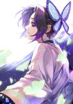  1girl absurdres aki_(mare_desiderii) black_hair bug butterfly butterfly_hair_ornament from_side gradient_hair hair_intakes hair_ornament haori highres insect japanese_clothes kimetsu_no_yaiba kochou_shinobu long_sleeves multicolored_hair profile purple_hair short_hair solo upper_body violet_eyes white_background 