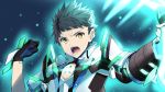  1boy blue_background brown_hair gloves glowing holding holding_sword holding_weapon open_mouth rex_(xenoblade_2) short_hair spoilers sword upper_body weapon xenoblade_(series) xenoblade_2 yappen yellow_eyes 