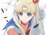  1girl bangs bishoujo_senshi_sailor_moon blonde_hair blue_eyes blue_sailor_collar blush choker commentary_request cracked_floor crescent crescent_earrings debris derivative_work diadem earrings hair_bun heart heart_choker jewelry katagiri_ikumi long_hair parted_bangs parted_lips red_choker sailor_collar sailor_moon sailor_moon_redraw_challenge sailor_senshi sailor_senshi_uniform sweatdrop tile_floor tiles twintails 