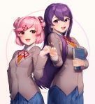  2girls :d artist_name bangs blue_sky book breasts commentary doki_doki_literature_club english_commentary fangs fist_bump grey_jacket hair_between_eyes hair_ornament hair_ribbon hairclip hand_on_hip highres holding holding_book jacket large_breasts long_hair long_sleeves multiple_girls natsuki_(doki_doki_literature_club) neck_ribbon open_mouth pink_eyes pink_hair pleated_skirt purple_hair red_ribbon ribbon sasoura school_uniform shirt short_hair simple_background skirt sky small_breasts smile swept_bangs two_side_up very_long_hair violet_eyes white_shirt wing_collar yuri_(doki_doki_literature_club) 