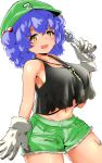  1girl akure_ekuto alternate_costume bare_shoulders blue_hair breasts brown_eyes cowboy_shot crop_top crop_top_overhang dirty dirty_clothes gloves green_headwear green_shorts hair_bobbles hair_ornament hat highres holding kawashiro_nitori key large_breasts looking_at_viewer medium_hair midriff navel open_mouth see-through short_shorts shorts simple_background sleeveless solo tank_top touhou wet white_background white_gloves wrench 