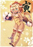  1girl animal_ears animal_print ankle_cuffs black_gloves blonde_hair blue_eyes breasts chain chinese_zodiac collar dark_skin fake_horns fang full_body gloves hairband highres ichi_makoto legs long_hair no_panties open_mouth original paw_gloves paws sideboob small_breasts smile solo tabard tail thigh-highs thighs tiger_ears tiger_print tiger_tail twintails 