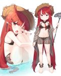  1girl ;o absurdres ankle_cuffs arknights bikini bikini_skirt black_bikini blush breasts character_name detached_sleeves fang fish full_body hat highres horns leg_hug long_hair looking_at_viewer multiple_views navel necktie one_eye_closed polearm red_eyes red_neckwear redhead see-through side-tie_bikini simple_background sitting small_breasts solo standing starfish_hair_ornament straw_hat swimsuit trident useq1067 vigna_(arknights) weapon white_background 