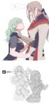  1boy 2girls adz_lrp armor black_gloves blonde_hair bow brother_and_sister byleth_(fire_emblem) byleth_eisner_(female) closed_eyes earrings fire_emblem fire_emblem:_three_houses from_side gloves green_hair hair_bow hat highres jeritza_von_hrym jewelry long_hair mercedes_von_martritz multiple_girls navel_cutout open_mouth ponytail short_hair siblings simple_background white_background 