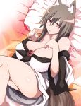  1girl animal_ear_fluff animal_ears bare_shoulders blush_stickers breasts brooch brown_hair dress huge_breasts imaizumi_kagerou jewelry long_hair lying off_shoulder on_bed otoufu_(wddkq314band) pillow red_eyes solo tail thighs touhou white_dress wolf_ears wolf_tail 