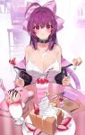  1girl ahoge blush bow cake cellphone cellphone_charm choker damda eating embarrassed fate/grand_order fate_(series) food fork fruit hair_bow ice_cream icing long_hair milkshake nail_polish phone plate purple_hair red_eyes ribbon scathach_(fate)_(all) scathach_(fate/grand_order) solo spill strawberry sundae table 