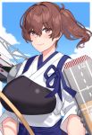  1girl arrow_(projectile) blue_hakama breasts brown_eyes brown_hair flight_deck franham hakama highres japanese_clothes kaga_(kantai_collection) kantai_collection large_breasts long_hair muneate quiver short_sidetail side_ponytail smile solo tasuki upper_body yumi_(bow) 