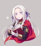  ! 1girl :o book cape cropped_torso edelgard_von_hresvelg fire_emblem fire_emblem:_three_houses food fringe_trim garreg_mach_monastery_uniform gloves grey_background hair_ribbon hiyori_(rindou66) holding holding_food long_hair long_sleeves looking_at_viewer open_book parted_lips purple_ribbon red_cape ribbon silver_hair simple_background solo speech_bubble spoken_exclamation_mark sweat upper_body violet_eyes white_gloves 
