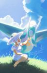  1girl 2017 artist_name blue_sky closed_eyes clouds cloudy_sky commentary creature day dress earrings english_commentary flying galahawk gen_3_pokemon grass highres jewelry latios legendary_pokemon original outdoors pendant pokemon pokemon_(creature) short_dress short_hair signature sitting sitting_on_ground sky watermark web_address white_dress white_hair white_headwear 