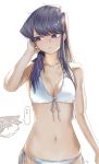 1boy 1girl bikini black_eyes black_hair blush breasts cowboy_shot front-tie_bikini front-tie_top hand_in_hair highres komi-san_wa_komyushou_desu komi_shouko long_hair looking_to_the_side medium_breasts mitsugu navel side-tie_bottom sidelocks skindentation swimsuit tadano_hitohito wet white_background white_bikini