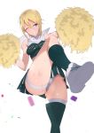  absurdres agovitch blonde_hair blue_eyes cheerleader clothes_writing confetti green_skirt haiboku_no_megami highres holding_pom_poms kneehighs leg_up original panties pom_poms short_hair skindentation skirt sweat thighs underwear white_footwear 