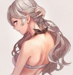  1girl corrin_(fire_emblem) corrin_(fire_emblem)_(female) fire_emblem fire_emblem_fates fire_emblem_heroes from_behind hashiko_(neleven) long_hair looking_back parted_lips red_eyes simple_background solo swimsuit upper_body white_hair 