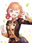  1girl annette_fantine_dominic blue_eyes fire_emblem fire_emblem:_three_houses garreg_mach_monastery_uniform leaf long_sleeves one_eye_closed open_mouth orange_hair solo tugechanman twintails uniform upper_body 