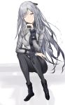  1girl absurdres ak-12_(girls_frontline) black_footwear black_pants bodysuit boots girls_frontline hair_ribbon hand_on_headset highres jacket long_hair looking_at_viewer pants ribbon silver_hair sitting sitting_on_object smile solo tuan_yi violet_eyes white_background 