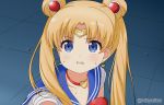  1girl bangs bishoujo_senshi_sailor_moon blonde_hair blue_eyes blue_sailor_collar blush choker circlet clenched_teeth collarbone commentary_request crescent crescent_earrings derivative_work double_bun earrings eyebrows_visible_through_hair hair_ornament heart heart_choker jewelry long_hair miicha parted_bangs red_choker sailor_collar sailor_moon sailor_moon_redraw_challenge sailor_senshi_uniform screencap_redraw shirt short_sleeves solo sweat teeth tsukino_usagi twintails twitter_username white_shirt 