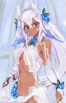  1girl azur_lane bare_shoulders blue_flower blush bodypaint breasts closed_mouth dark_skin dress elbow_gloves eyebrows_visible_through_hair facepaint facial_mark flower gloves gradient gradient_background hair_between_eyes hair_ornament highres large_breasts lifted_by_self long_hair looking_at_viewer looking_down marshall_k minneapolis_(azur_lane) native_american navel ponytail red_eyes sleeveless sleeveless_dress solo wedding_dress white_dress white_hair 
