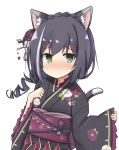  1girl animal_ears black_hair black_kimono blush braid cat_ears cat_girl cat_tail commentary_request crown_braid eyebrows_visible_through_hair floral_print flower frown green_eyes hair_flower hair_ornament hand_on_own_chest japanese_clothes karyl_(princess_connect!) kimono long_sleeves looking_at_viewer obi princess_connect! princess_connect!_re:dive sash simple_background solo tail toro_th white_background white_hair wide_sleeves 