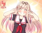  1girl artist_logo black_ribbon black_serafuku blonde_hair commentary_request dated double_v emotional_engine_-_full_drive facing_viewer fate/grand_order fate_(series) grin hair_ribbon kanon_(kurogane_knights) kantai_collection long_hair neckerchief red_neckwear ribbon school_uniform serafuku simple_background smile solo straight_hair upper_body v white_background yellow_background yuudachi_(kantai_collection) 