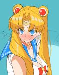  1girl absurdres bangs bishoujo_senshi_sailor_moon blonde_hair blue_eyes blue_sailor_collar blush bow choker circlet crescent crescent_earrings earrings hair_ornament heart heart_choker highres hr13 jewelry long_hair parted_bangs red_choker sailor_collar sailor_moon sailor_moon_redraw_challenge solo sweat twintails upper_body 