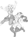  2girls :o \o/ absurdres arms_up asui_tsuyu belt belt_buckle black_legwear blush boku_no_hero_academia boots bow bowtie breasts buckle buttons closed_mouth commentary_request eyebrows_visible_through_hair full_body gloves high_heels highres horikoshi_kouhei jumping long_hair long_sleeves low-tied_long_hair medium_hair monochrome multiple_girls official_art open_mouth outstretched_arms pantyhose pleated_skirt short_sleeves simple_background skirt thigh-highs tongue tongue_out traditional_media uraraka_ochako white_background 