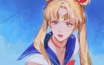  1girl bangs bishoujo_senshi_sailor_moon blonde_hair blue_eyes blue_sailor_collar choker circlet collarbone commentary crescent crescent_earrings derivative_work double_bun earrings heart heart_choker jewelry jiayue_wu meme parted_bangs parted_lips red_choker sailor_collar sailor_moon sailor_moon_redraw_challenge sailor_senshi sailor_senshi_uniform screencap_redraw star starry_background sweat sweatdrop tsukino_usagi twintails upper_body 