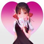  1girl arm_behind_back bangs black_dress black_hair blurry dress eyebrows_visible_through_hair hair_between_eyes hair_ribbon heart holding_letter kaguya-sama_wa_kokurasetai_~tensai-tachi_no_renai_zunousen~ looking_at_viewer love_letter neck_ribbon pinafore_dress red_eyes red_ribbon ribbon shinomiya_kaguya shiny shiny_hair shirt short_hair_with_long_locks short_sleeves sidelocks sleeveless sleeveless_dress solo standing white_background white_shirt whj1356 