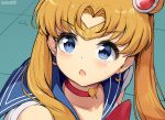  1girl :o artist_name bangs bishoujo_senshi_sailor_moon blonde_hair blue_eyes blue_sailor_collar blush chintora0201 choker circlet collarbone commentary crescent crescent_earrings earrings eyebrows_visible_through_hair fang hair_ornament heart heart_choker highres jewelry long_hair looking_at_viewer meme open_mouth parted_bangs red_choker sailor_collar sailor_moon sailor_moon_redraw_challenge skin_fang solo twintails upper_body 