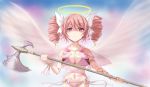  1girl absurdres angel angel_wings axe bikini blush breasts closed_mouth collarbone cross cross_necklace drill_hair eyebrows_visible_through_hair hair_ornament hair_ribbon halo highres jashin-chan_dropkick jewelry large_breasts ljcc100861 looking_at_viewer navel necklace pink_bikini pink_eyes pink_hair pino_(jashin-chan_dropkick) ribbon shiny shiny_hair short_hair smile solo swimsuit twin_drills weapon wings 