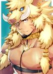  1boy abs bara beard blue_background blue_eyes brown_hair chest collar facial_hair facial_mark fang glowing glowing_eyes gullinbursti_(tokyo_houkago_summoners) hat highres jewelry looking_at_viewer male_focus muscle nipples open_clothes pectorals scar simple_background sky_(sora_no_gomibako) smile solo tokyo_houkago_summoners 