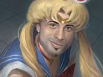  1boy art_of_nate bishoujo_senshi_sailor_moon blonde_hair blue_eyes blue_sailor_collar bow bowtie choker closed_mouth cosplay crescent crescent_earrings crossdressinging diadem earrings facial_hair gachimuchi goatee hair_ornament heart heart_choker jewelry long_hair looking_at_viewer male_focus parody red_choker red_neckwear ricardo_milos sailor_collar sailor_moon sailor_moon_(cosplay) sailor_moon_redraw_challenge shirt smile smirk smug solo twintails white_shirt 