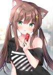  1girl animal_ear_fluff animal_ears black_shirt blurry blurry_background blush breasts brown_hair cat_ears collarbone commentary_request crescent crescent_hair_ornament depth_of_field earphones earphones food green_eyes hair_ornament hairclip highres holding holding_food indoors looking_at_viewer masayo_(gin_no_ame) off_shoulder original parted_lips shirt short_sleeves small_breasts smile solo star star_hair_ornament twintails upper_body 