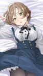  1girl bed blush brown_hair buttons dress frilled_dress frilled_sleeves frills green_eyes idolmaster idolmaster_million_live! looking_at_viewer lying on_back ribbon sakuramori_kaori short_hair thigh-highs yoropa 