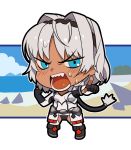  1girl angry bangs beppu_mitsunaka black_footwear black_hairband black_panties blue_eyes blush boots border breasts caenis_(fate) chibi commentary_request crotchless crotchless_pants dark_skin eyebrows_visible_through_hair fate/grand_order fate_(series) fingerless_gloves full_body gloves hair_intakes hairband large_breasts long_hair long_ponytail long_sleeves looking_at_viewer open_mouth panties pants pointing pointing_at_viewer sharp_teeth shirt sidelocks solo standing sweatdrop teeth thigh-highs thigh_boots underwear very_long_hair white_border white_hair white_pants white_shirt 