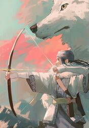  1girl absurdres ainu ainu_clothes arrow_(projectile) asirpa bandana belt black_hair blue_bandana blue_eyes blue_kimono bow_(weapon) cape clouds cowboy_shot drawing_bow fur_cape golden_kamuy highres holding holding_arrow holding_bow_(weapon) holding_weapon jacket japanese_clothes kimono long_hair long_sleeves looking_to_the_side mountain multicolored_sky null_(skev7724) profile retar shirt sky solo_focus very_long_hair weapon white_jacket white_shirt white_wolf 