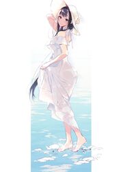  1girl ane_naru_mono barefoot black_hair breasts chiyo_(ane_naru_mono) detached_sleeves dress from_side hat highres holding holding_hat long_hair panties pochi_(pochi-goya) see-through_silhouette skirt_hold solo standing sun_hat sundress underwear very_long_hair violet_eyes walking walking_on_liquid white_dress white_panties 