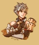 1boy adel_orudou armor bare_shoulders english_commentary gloves highres issycake looking_afar male_focus pauldrons short_hair silver_hair simple_background solo tan_background twitter_username upper_body xenoblade_(series) xenoblade_2 xenoblade_2:_ogon_no_kuri_ira yellow_eyes 