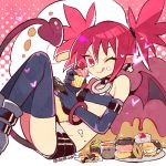  1girl bare_shoulders bat_wings belt belt_boots boots bra choker collar collarbone demon_tail disgaea earrings eating elbow_gloves etna eyebrows_visible_through_hair flat_chest food gloves grey_footwear jewelry knee_boots licking_lips looking_at_viewer makai_senki_disgaea miniskirt o-ring o-ring_choker one_eye_closed open_mouth pointy_ears red_eyes red_wings redhead sat0_u0 skirt skull_earrings tail thigh-highs thigh_boots tongue tongue_out twintails twitter_username underwear wings 