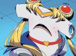  1girl animalization bangs bishoujo_senshi_sailor_moon blonde_hair blue_background blue_eyes blue_sailor_collar blush choker commentary d: derivative_work diadem dress eyelashes fangs hair_ornament hammerhead_shark heart heart_choker looking_at_viewer no_humans open_mouth parted_bangs pikat red_choker sailor_collar sailor_dress sailor_moon sailor_moon_redraw_challenge sailor_senshi sailor_senshi_uniform school_uniform screencap_redraw serafuku shark shark_girl sharp_teeth shirt short_sleeves signature solo sweat sweatdrop teeth tsukino_usagi twintails upper_body watermark web_address white_shirt 