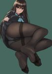  1girl ass black_legwear black_sailor_collar black_serafuku black_shirt black_skirt blue_neckwear breasts brown_eyes brown_hair closed_mouth feet full_body green_background gusset kokuryuugan kuro_senpai_to_kuro_yashiki_no_yami_ni_mayowanai lifted_by_self long_hair long_sleeves lying medium_breasts miniskirt neckerchief on_side panties panties_under_pantyhose pantyhose pleated_skirt sailor_collar school_uniform senpai_(kuro_senpai) serafuku shirt simple_background skirt skirt_lift smile soles solo thighband_pantyhose toes underwear very_long_hair white_panties 