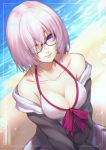 1girl bangs bare_shoulders beach bikini blush breasts collarbone commentary_request fate/grand_order fate_(series) glasses grey_jacket hair_over_one_eye highres hood hooded_jacket jacket large_breasts long_sleeves looking_at_viewer mash_kyrielight re_(re_09) short_hair smile solo swimsuit upper_body violet_eyes water white_bikini 