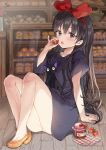  1girl :o bakery bare_legs black_cat black_dress black_eyes black_hair blush bow bread cat dress food fruit full_body hair_bow hairband highres holding holding_food holding_fruit indoors jam jiji_(majo_no_takkyuubin) kiki knees_up long_hair majo_no_takkyuubin on_floor open_mouth orange_footwear panties pantyshot red_bow red_hairband saya_(mychristian2) shop short_sleeves sitting strawberry underwear very_long_hair white_panties wooden_floor 