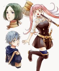  1girl 2boys akke ashe_ubert axe belt blue_legwear boots fire_emblem fire_emblem:_three_houses garreg_mach_monastery_uniform green_eyes green_hair grey_hair hilda_valentine_goneril holding holding_axe hood hood_down linhardt_von_hevring long_hair multiple_boys open_mouth parted_lips pink_eyes pink_hair simple_background thigh-highs twintails uniform white_background 