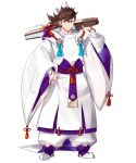  1boy alternate_costume blush boots brown_eyes brown_hair fan fire_emblem fire_emblem_fates fire_emblem_heroes full_body hat highres hinata_(fire_emblem) japanese_clothes long_hair mekameka_shii official_art ponytail scar solo transparent_background 