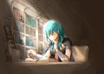  1girl armor blue_hair book bookshelf byleth_(fire_emblem) byleth_eisner_(female) byleth_eisner_(female) chair closed_eyes closed_mouth female_my_unit_(fire_emblem:_three_houses) fire_emblem fire_emblem:_three_houses fire_emblem:_three_houses fire_emblem_16 intelligent_systems my_unit_(fire_emblem:_three_houses) nintendo open_book robaco sitting solo twitter_username 