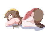 1girl all_fours animal_ears ass azur_lane black_footwear blush brown_hair closed_eyes commentary_request crescent crescent_hair_ornament dog_ears dog_tail fumizuki_(azur_lane) hair_ornament hairclip hat legs long_hair mary_janes open_mouth pantyhose pink_shirt pink_skirt school_hat school_uniform shirt shoes simple_background skirt sleeping solo tail thighs top-down_bottom-up toro white_background white_legwear yellow_headwear 