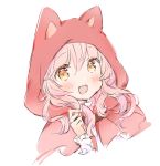  1girl :d animal_ears animal_hood bangs blush brown_eyes capelet commentary_request dutch_angle eyebrows_visible_through_hair fake_animal_ears fang hair_between_eyes hand_up hood hood_up hooded_capelet long_hair looking_at_viewer open_mouth original pink_hair red_capelet simple_background smile solo upper_body wataame27 white_background wolf-chan_(wataame27) 
