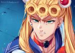  1boy araki_hirohiko_(style) artist_name bishoujo_senshi_sailor_moon blonde_hair blue_sailor_collar braid bug choker clenched_teeth collarbone colored_eyelashes cosplay crescent derivative_work diadem double_bun earrings frown giorno_giovanna green_eyes hair_ornament hair_over_shoulder highres insect jewelry jojo_no_kimyou_na_bouken ladybug looking_to_the_side male_focus manly meme muscle parody pendant_choker reflective_eyes ren_ayume sailor_collar sailor_moon sailor_moon_(cosplay) sailor_moon_redraw_challenge sailor_senshi sailor_senshi_uniform screencap_redraw serious shiny shiny_hair sparkle stud_earrings style_parody teeth twintails vento_aureo 